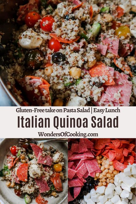 Quinoa Salad - Italian Style With Salami & Mozzarella, Easy Lunch Italian Quinoa Salad, Cold Lunch Meal Prep, Italian Quinoa, Cold Lunch Recipes, Italian Vinaigrette, Gluten Free Pasta Salad, Easy Meal Prep Lunches, Chopped Vegetables, Cold Lunch