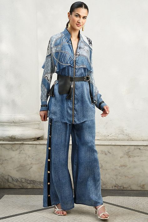 Denim Blue Printed Pants Design by Kamaali Pret at Pernia's Pop Up Shop 2022 Denim Coord Set, Denim Coord, Classy Outfits For Women, Coord Set, Shirt Pant Set, Zipper Pants, Indian Fashion Dresses, Pants Design, Jumpsuit Fashion