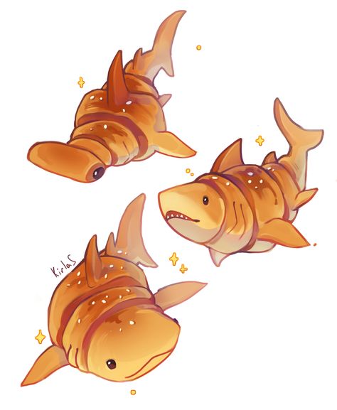 Cute Kawaii Croissant Sharks Illustration Food Shark Drawing, Fruit Shark Drawing, Shark Croissant, Kawaii Hammerhead Shark, Drawing Ideas Mythical Creatures, Cute Food Animals Drawings, Shark Illustration Cute, Cute Food Animals, Food Animals Drawing