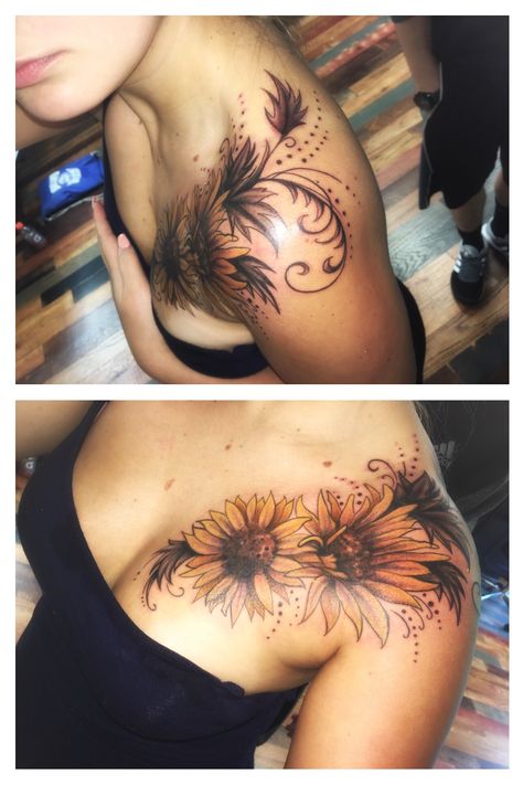 sunflower tattoo on left shoulder Sunflower Tattoo Chest Shoulder, Shoulder Collar Bone Tattoo For Women Sunflower, Sunflower Shoulder Tattoo Black Women, Shoulder Color Tattoos For Women, Sunflower Chest Tattoo Female, Sunflower Tattoo On Shoulder, Sunflower Shoulder Tattoo, Sunflowers Tattoos, Jewerly Tattoo