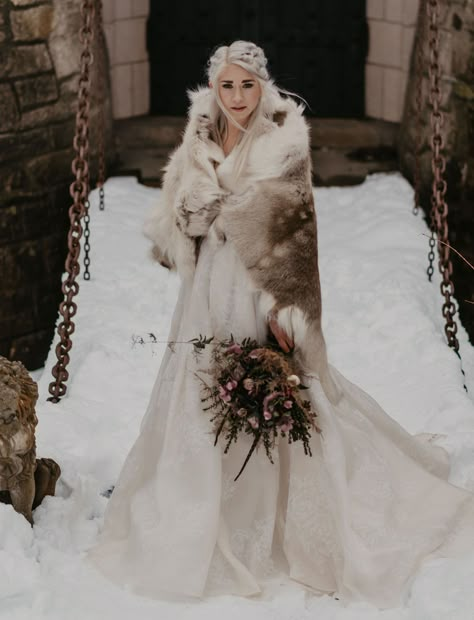 A Marriage of Ice and Fire: The Game of Thrones-Inspired Wedding You've Got to See to Believe - Green Wedding Shoes Viking Wedding Dress Winter, Khaleesi Wedding Dress, Viking Wedding Winter, Winter Viking Wedding Ideas, Wedding Dresses Viking Style, Viking Bride Dress, Viking Wedding Ideas Dresses, Viking Inspired Wedding Dress, Viking Bride Wedding Dress