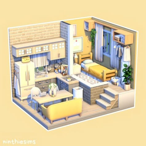 Tiny Loft Sims 4, Sims4 Single House, Sims Tiny House Layout, Tiny Living Sims 4, Sims 4 Tiny House Ideas, Sims Tiny House, Sims 4 Studio Apartment, Sims 4 Dorm Room, Tiny House Sims 4