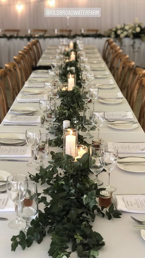 Simple Wedding Centerpieces Greenery, Table Decorations Reception, Wedding Table Decor With Greenery, Decorating Long Tables For Wedding, Simple Wedding Arrangements, Wedding Table Decor For Long Tables, Events Table Decorations, Eucalyptus Long Table Decor, Wedding Tablescapes Greenery