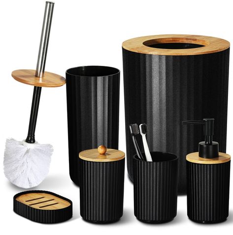 PRICES MAY VARY. Plastic, Bamboo Bathroom Accessories Set Matte Black Bathroom Accessories Set, 5 Pcs plastic black Bathroom Decor, Soap Dispenser and Toothbrush Holder Set, Soap Dish, Cotton Swab Jar, Boho Bathroom Organizer Accessory Black And Green Bathroom Ideas, Farmhouse Boho Bathroom, Qtip Holders, Bamboo Bathroom Accessories, Black Bathroom Accessories Set, Matte Black Bathroom Accessories, Black Bathroom Decor, Matte Black Bathroom, Black Bathroom Accessories