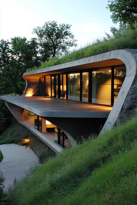 Modern earth sheltered house built into hillside with cantilevered deck on the side. Check out all of these stunning houses built into the hillside that look like they belong in a fairy tale. Small House Built Into Hillside, Cantilevered Deck, Built Into Hillside, Slope Landscaping Ideas, House Built Into Hillside, Stunning Houses, Hillside Houses, Sustainable Architecture House, Slope Landscaping