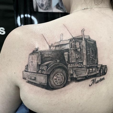 A memorial truck tattoo, which was done by @jenskinart. This piece is so realistic, with such intricate details, all with perfect placement! Truck Tattoo, Mama Tried, Memorial Tattoo, Tattoo Placement, Best Tattoo, Hidden Gem, Black And Grey Tattoos, Intricate Details, Geometric Tattoo