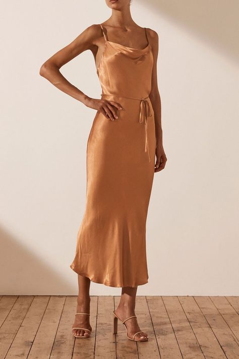 La Lune Bias Cowl Midi Dress | Copper | Dresses | Shona Joy – Shona Joy International Copper Midi Dress, Bronze Midi Dress, Copper Silk Bridesmaid Dress, Brown Silk Midi Dress, Beige Midi-length Bridesmaid Dress, Slip Dress Cocktail, Copper Dresses, Best Prom Dress, Brown Silk V-neck Midi Dress