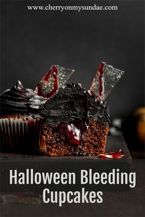 Black forest cupcakes get a Halloween makeover! These Halloween bleeding cupcakes will frighten and delight both kids and adults alike. #halloweendesserts #chocolatecupcake #halloweentreats #blackforestcake Dirt Cupcakes, Forest Cupcakes, Black Forest Cupcakes, Black Cupcakes, Cherry Compote, Black Food Coloring, Cherry Filling, Chocolate Buttercream Frosting, Halloween Chocolate