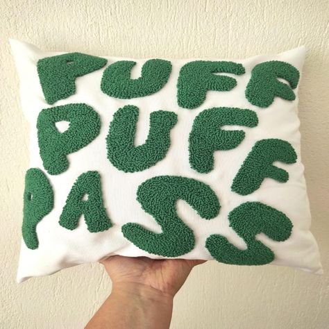 Trendy Pillows For Bedroom, Puff Puff Pass Pillow, Decorative Pillows Aesthetic, Funny Bedroom Decor, Quirky Bedroom Decor, Tuft Pillow, Throw Pillows Bedroom Aesthetic, High Room Decor, Dope Room Decor