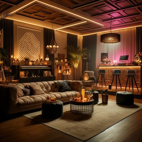 Transform your living room into a sexy lounge! 🍸💃 Ambient lighting, plush seating, and a DJ booth for an intimate night of dancing and cocktails. What's your signature party cocktail?  #LoungeParty #SexyVibes #AmbientLighting #PlushSeating #CocktailBar #DanceNight #HomeEntertaining #IntimateGathering #PartySetup #AIImages #ArtificialIntelligence #photography #love #art #fashion #music #instagood #photooftheday #reels Vip Lounge Design Luxury, Live Music Bar, Cozy Attic, Lounge Party, Vip Lounge, Party Setup, City Club, Vip Room, 27th Birthday