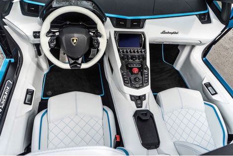 Interior of the Lamborghini Aventador S Roadster painted in Blu Cepheus Photo taken by: @kostatsoudis on Instagram White Lamborghini Interior, Inside Of Lamborghini, Aventador Interior, Lamborghini Convertible, White Lambo, Concept Car Interior Design, Lamborghini Urus Interior, Lamborghini Aventador Interior, Lamborghini Photos