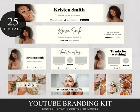 YouTube Channel Branding Kit. Editable banner, intro, outro, end screen, thumbnails. #etsy #youtube #branding . #Youtube_Channel_Planner #Youtube_Branding_Ideas #Youtube_Banner_Ideas #Youtube_Header Youtube Branding Ideas, Youtube Banner Ideas, Youtube Channel Branding, Youtube Header, Canva Youtube, Youtube Branding Kit, Youtube Branding, Youtube Video Thumbnail, Influencer Lifestyle