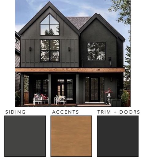 Gray Black House Exterior, Grey And Charcoal House Exterior, Olive House Black Trim, Dark House Exterior Aesthetic, Black House Tan Trim, Slate Color House Exterior, Exterior Paint With Black Windows, Dark Brown Cabin Exterior, Black Fox Exterior House