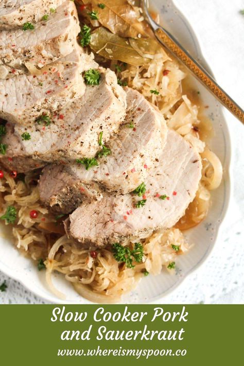 This slow cooker pork and sauerkraut recipe is the easiest way of cooking this traditional German dish—tender pork infused with those delicious sweet and sour sauerkraut flavors. #whereismyspoon #porkandsauerkraut #slowcookerporkandsauerkraut #sauerkrautrecipe #porkrecipe #slowcookerrecipes Pork Loin And Sauerkraut, Slow Cooker Pork And Sauerkraut Recipe, Brown Sugar Pork Loin, Crockpot Pork And Sauerkraut, Easy Pork Roast, Pork And Sauerkraut Recipe, Pork Roast And Sauerkraut, Pork And Sauerkraut, Boneless Pork Loin Roast