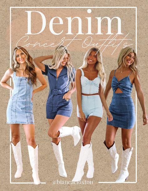 Denim dress, denim romper, concert outfit, country concert, Morgan Wallen, music festival, cowgirl, jean dress Country Concert Denim Dress, Denim Dress With Boots Country Outfits, Denim Dress Cowgirl Outfit, Jean Dress Country Outfit, Denim Dress Country Concert, Denim Country Outfits, Denim Country Concert Outfit, Denim Concert Outfit, Denim Cowgirl Outfit