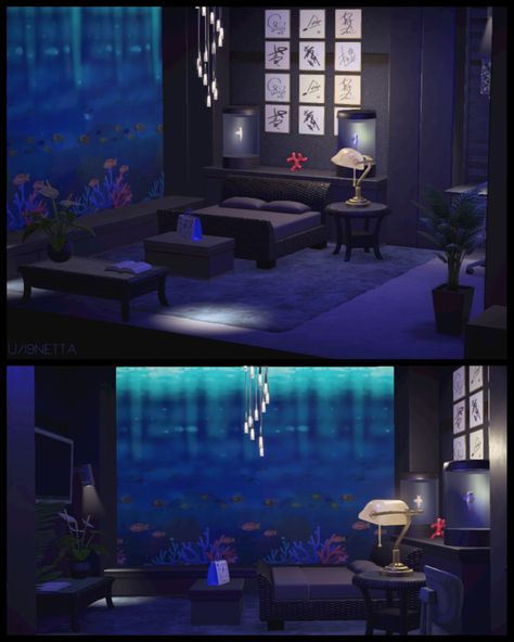 Acnh Underwater Room, Animal Crossing Hotel Ideas, Acnh Futuristic, Acnh Living Rooms Ideas, Acnh Builds, Acnh Interior, Acnh Hhp, Underwater Room, Underwater Hotel