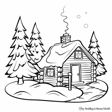 Cabin Coloring Pages - Free & Printable! Winter Scene Coloring Pages, Camper Coloring Pages, Hunting Coloring Pages, Cabin Coloring Pages, Cabin Illustration, Snowy Cabin, Camping Pics, Christmas Lodge, Kindergarten Coloring Pages