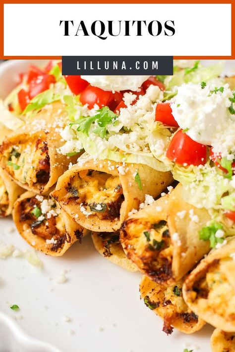 Everyone loves these classic taquitos! They're fried to golden perfection and are great as appetizers or even a main dish. #chickentaquitos #mexican #creamcheesetaquitos #taquitos #taquitorecipe Crispy Taquitos, Farmhouse Recipes, Chicken Flautas, Taquitos Recipe, Lil Luna, Mediterranean Meals, Beach Kaftan, Mexican Dinner, Mexican Foods