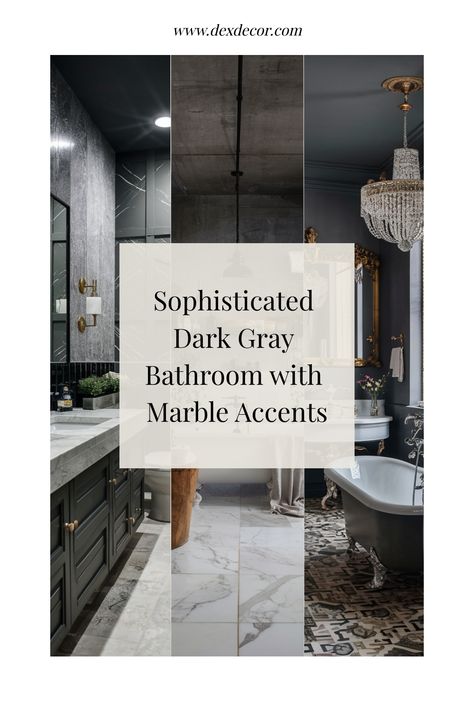 Sophisticated dark gray bathroom with marble accents. Dark Grey Master Bath, Dark Marble Bathroom Countertops, Black And Grey Marble Bathroom, Gray Bathroom Remodel, Gray Moody Bathroom, Dark Gray Marble Bathroom, Gray Bathrooms, Bathroom With Marble, Kitchen Flooring Trends