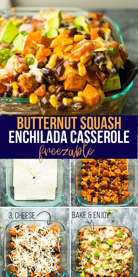 Make Ahead Freezer Meals Vegetarian, Macro Friendly Butternut Squash Recipes, Recipes With Frozen Butternut Squash, Frozen Enchiladas Freezer Meals, Butternut Squash Freezer Recipes, Butternut Squash Enchilada Casserole, Butternut Squash Freezer Meal, Butternut Squash Meal Prep, Freezer Vegetarian Meals