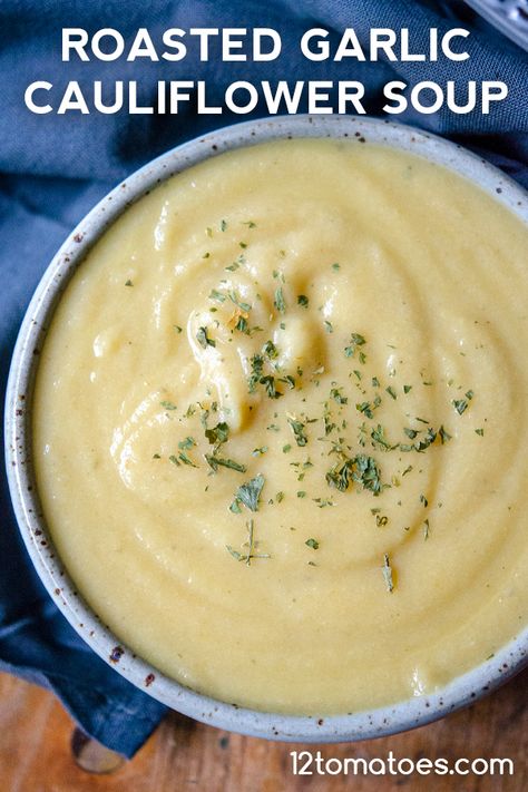 Roasted Garlic Cauliflower Soup?utm_source=12tomatoes Weight Watchers Cauliflower Soup, Roasted Garlic Cauliflower Soup, Garlic Cauliflower Soup, Cauliflower Cheddar Soup, Hearty Winter Recipes, Ww Soup, Garlic Cauliflower, 12 Tomatoes Recipes, Roasted Garlic Cauliflower