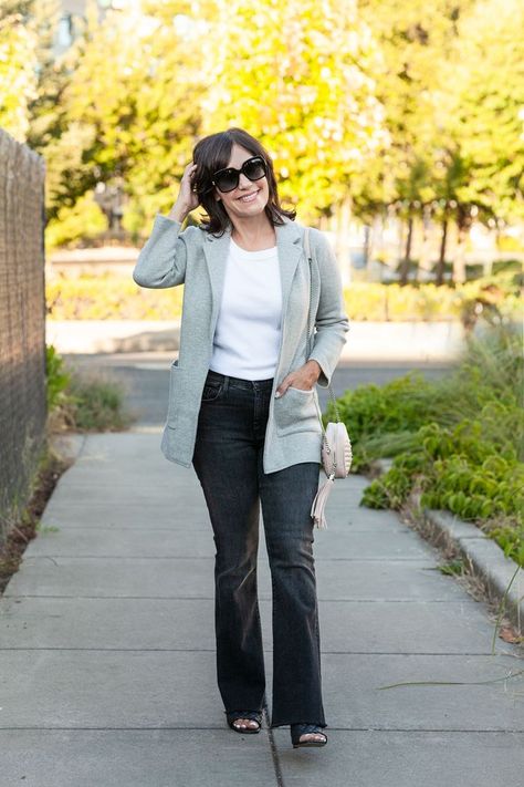 I'm a 55-Year-Old Former Nordstrom Buyer—These 8 Fall Basics Work for Everyone Age Doesn't Matter, Fashion Resume, So Susie, Black Flares, Denim Utility Jacket, Fall Basics, Best Cardigans, Casual Dressing, Tiered Ruffle Dress