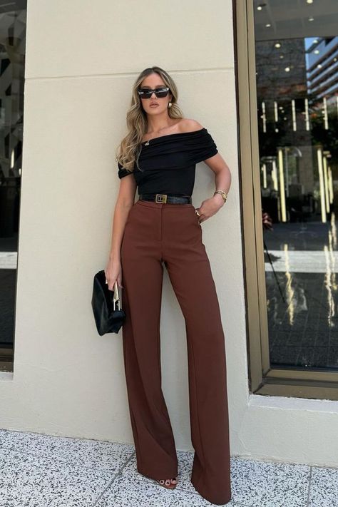 fall work outfits Brown Wide Leg Pants Outfit, Brown Pants Outfit, Shoulder Tops Outfit, Off The Shoulder Top Outfit, Fall Work Outfits, Wide Leg Pants Outfit, Leg Pants Outfit, Stylish Work Attire, Chic Fall Outfits