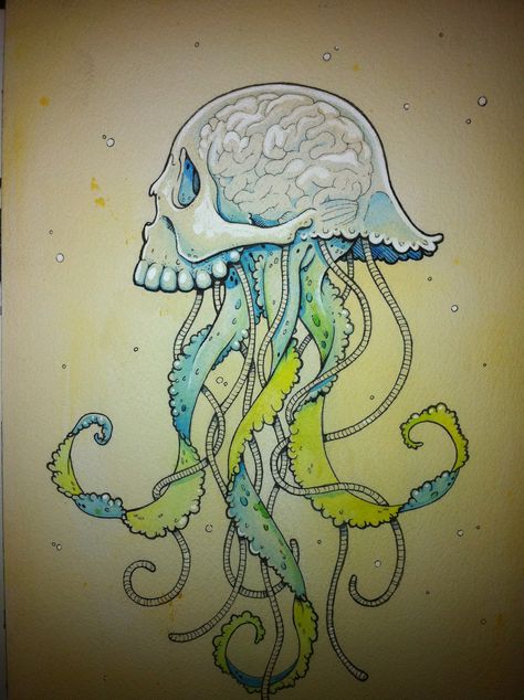 Skull Jellyfish, Interesting Illustration, Skull Watercolor, Jellyfish Tattoo, Awesome Tattoo, Jellyfish Art, 2d Art, Tattoo Idea, Skull Art