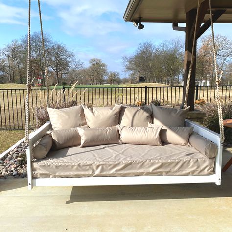 The outdoor mattress cover is a must-have for your porch swing or the terrace daybed to stay neat and comfy. If you want to weather-proof your favorite outdoor spot, look no further. Outdoor Daybed Mattress Cover, Outdoor Porch Ideas, Pallet Swings, Swinging Bed, House Wrap Around Porch, Diy Porch Swing Bed, Porch Seating, Simple Front Porch, Front Porch Seating