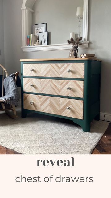 Danielle - UK Based Furniture Upcycles & DIY on Instagram: "Don’t do it! Sometimes you just need to give it a go and see what happens. I loved the last piece I did with a herringbone design and just couldn’t resist giving it another go. #paintedfurniture #housetohome #diy #diyideas #chestofdrawers #upcycledfurniture #bedroominspo #bedroomdecor #beforeandafterfurniture #furnituremakeover" Malm Dresser Upcycle, Herringbone Wood Dresser, Refinished Chest Of Drawers, Upcycle Chest Of Drawers, Herringbone Dresser, Chest Of Drawers Diy, Herringbone Cabinet, Ikea Upcycling, Diy Chest Of Drawers