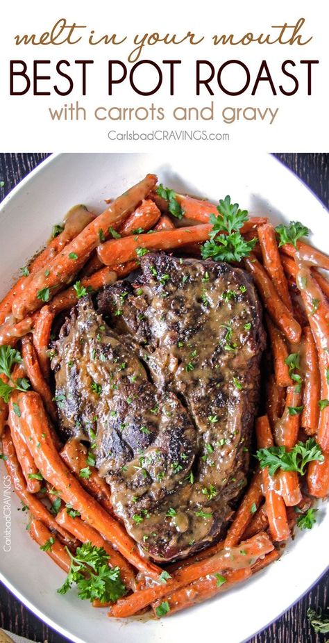 Melt in Your Mouth Pot Roast and carrots with mouthwatering gravy is the best pot roast I have ever had! Juicy, fall apart tender, seasoned to PERFECTION with hardly any effort! Amazing for company, easy enough for everyday. Chuck Roast In Oven, Tender Chuck Roast, Oven Pot Roast, Chuck Roast Recipes, Best Pot Roast, Carlsbad Cravings, Roast Beef Recipes, Good Roasts, Pot Roast Recipes