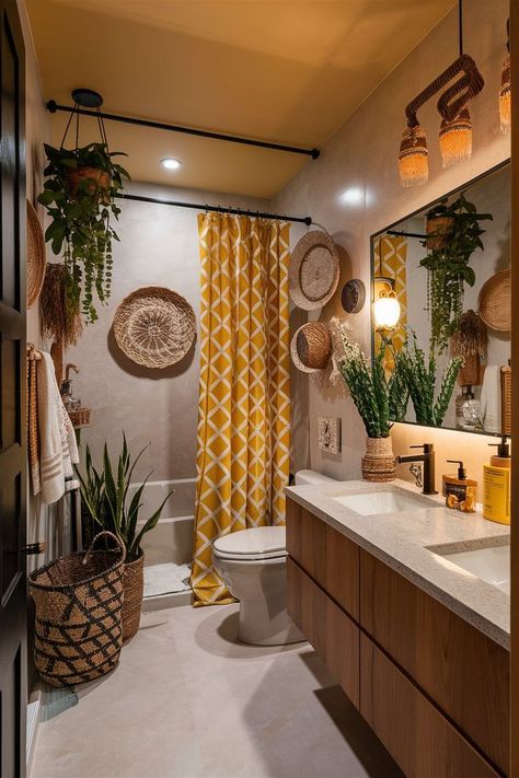 Boho Bathroom Ideas, Beautiful Bathroom Decor, Boho Bathroom Decor, Sims Builds, Future Apartment Decor, Casa Vintage, Yellow Bathrooms, Bathroom Design Decor, Apartment Aesthetic