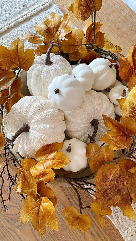 Toni Marianna Mogensen on Reels | Alan Gogoll · Autumn's Melody Cream Decor, Paper Mache Bowls, Fall Vignettes, Fall Thanksgiving Decor, Autumn Decorating, Fall Centerpiece, White Pumpkins, Fall Halloween Decor, Autumn Home