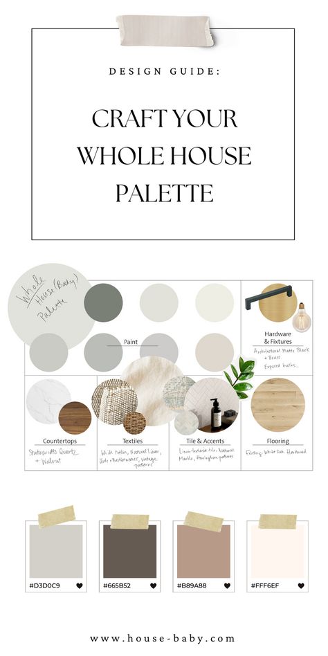 whole house paint scheme matrix with image swatches for residential paint and materials with hex code color palette numbers at bottom of pin. Apartment Paint Palette, Neutral Kitchen Palette, Whole House Aesthetic, Whole House Paint Scheme Neutral, Bm Whole House Paint Scheme, Whole House Interior Paint Color Scheme Benjamin Moore, Modern Home Color Schemes, Modern Farmhouse Paint Palette, Farrow And Ball Whole House Palette