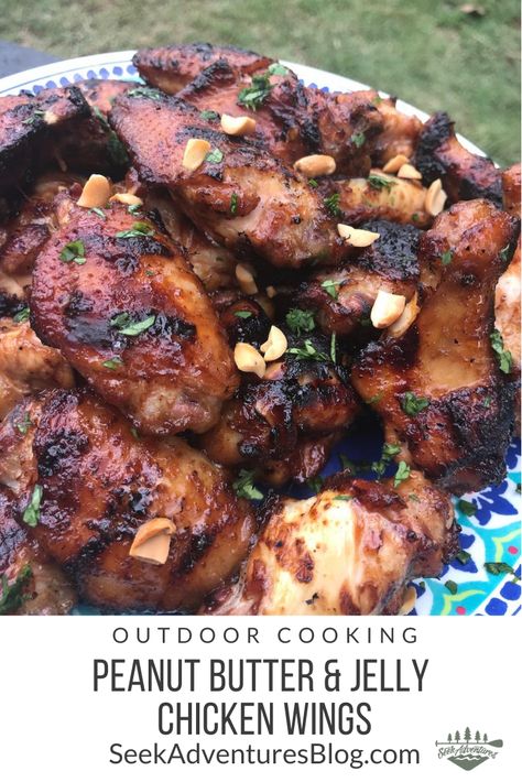 Peanut Butter Jelly Chicken Wings, Chicken Wings Over Campfire, Peanut Butter Jelly Wings, Peanut Butter And Jelly Chicken Wings, Peanut Butter And Jelly Wings, Chicken Wings On The Grill Recipes, Peanut Butter And Jelly Wings Recipe, Grilled Wings Recipe, Chicken Platters