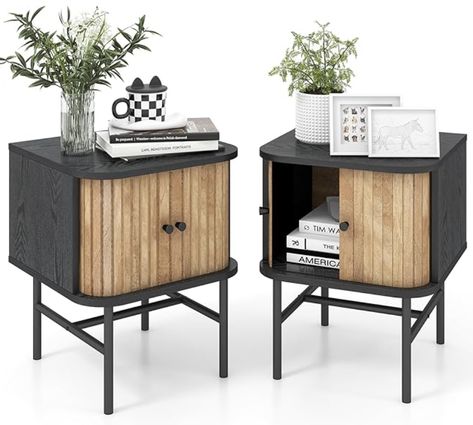 Wood Bedside Tables with Sliding Doors and 4 Metal Legs, Side Tables with Storage Cabinet, Compact Night Stands for Bedroom Small Space, Black Metal Nightstand, Mid Century Modern Nightstand, Mid Century Nightstand, Black Nightstand, Sliding Door Design, Nightstand Set Of 2, Mid Century Modern Bedroom, Wood Bedside Table, Side Table With Storage