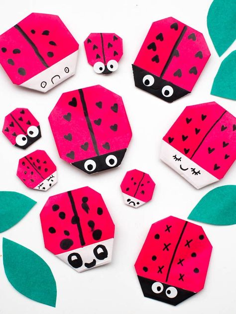 make origami ladybug valentines- super cute bug themed Valentine's day craft Ladybug Valentine Craft, Heart Ladybug Craft For Kids, Ladybug Paper Craft, Love Bugs Valentines Craft, Origami Ladybug, Recycled Ladybug Craft, Storytime Crafts, Insect Crafts, Ladybug Crafts