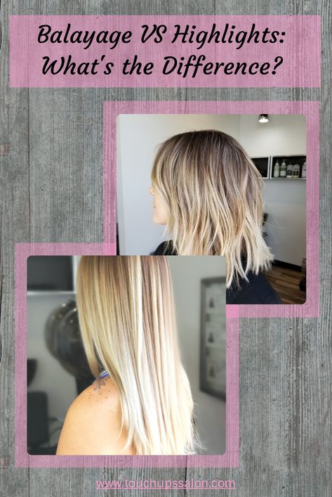 What's the difference between a balayage and highlights? Why are balayages more expensive than highlights? Aren't balayages and highlights the same thing?! Get the answers to these questions and more. All Over Head Highlights, Going From Highlights To Balayage, From Blonde Highlights To Balayage, Baylage Hair Vs Highlights, Foils To Balayage Transition, High Up Balayage, Balayage Or Highlights, How To Go From Highlights To Balayage, Highlights Using Cap Before And After