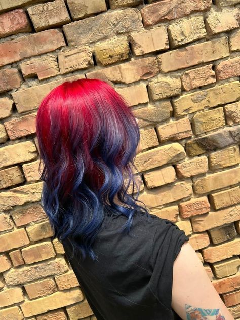 Blue Hair With Red Tips, Blue To Red Hair, Blue And Red Hair Color, Blue Underdye Hair, Red Blue Hair, Red And Blue Hair, Scarlett Hair, Blue And Red Hair, Red Hair Tips