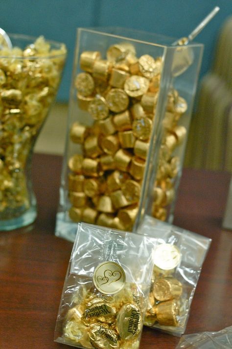 pinterest 50th anniversary favors | Found on alilbird.blogspot.com 50th Wedding Anniversary Decorations, Anniversary 50th, 50th Anniversary Decorations, 50th Wedding Anniversary Party, Wedding Anniversary Decorations, Wrapped Candy, Anniversary Favors, Gold Candy, Gold Chocolate