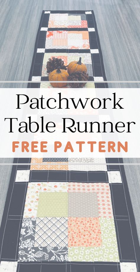 Finish quilted fabric table runner laying in the center of a long table with little pumpkins and pinecones on top Free Table Runner Quilt Patterns Simple, Easy Table Runners, Diy Table Runner, Table Runner Diy, Patchwork Table Runner, Quilted Table Runners Patterns, Fabric Table Runner, Fabric Table, Diy Simple