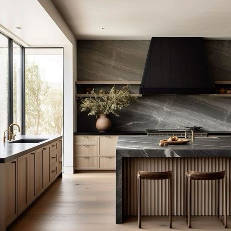 Black Granite Waterfall Island, Walnut Marble Kitchen, Kitchen Ideas With Black Cabinets, Modern Moody Kitchen, Moody House Interiors, Wood And Marble Kitchen, Moody Kitchen Design, Napa Kitchen, Mountain Modern Kitchen