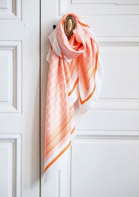 Peach Color Combinations — Eat Well 101 Scarf Photography Ideas Products, Scarf Product Photography, Peach Colour Combinations, Scarf Photography, Coral Scarf, Scarf Display, Vive Le Vent, Silk Scarf Design, Fabric Photography