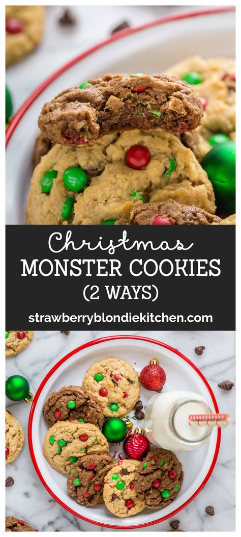 This recipe for Christmas Monster Cookies 2 ways will please both traditionalists and double chocolate lovers alike! #Christmas #cookies #monstercookies #Christmascookies #dessert #strawberryblondiekitchen Oatmeal Cookies Peanut Butter, Christmas Monster Cookies, Recipe Oatmeal, Cookies Peanut Butter, Monster Cookies Recipe, Cookies Baking, Oatmeal Cookie Recipes, Cookie Time, Christmas Food Desserts