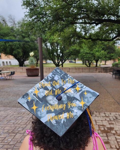 graduation cap with "Shout Out To The Old Me And and everything you showed me" written on top of baby photos 5 Seconds Of Summer Graduation Cap, 5sos Graduation Cap, Senior Year Things, Grad Quotes, Custom Graduation Caps, High School Graduation Cap, College Graduation Cap Decoration, Grad Cap Designs, Graduation 2024