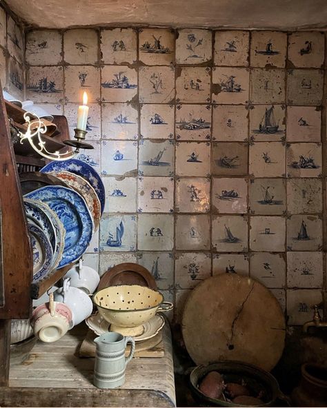 Stone Sink Kitchen, Ivy House, Delft Tiles, Eclectic Kitchen, Old Kitchen, Kitchen Tiles, Delft, Old House, New Kitchen