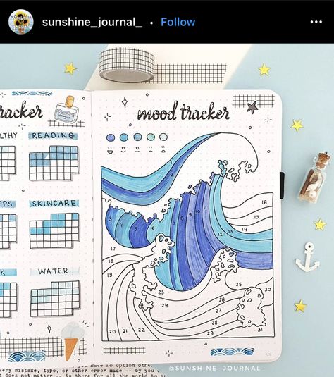 Ocean Theme Bullet Journal, Bujo Sea Theme, August Bujo Cover Page, Ocean Journal Ideas, Bujo Ocean Theme, Ocean Bullet Journal, Bullet Journal Month, Bullet Journel, Bullet Journal Ideas Templates