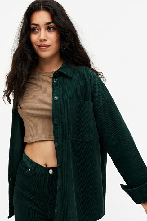 Dark Green Shirt, Different World, Corduroy Shirt, A Different World, Classy Dress Outfits, Wardrobe Outfits, Crop Top Outfits, Tie Front Blouse, Striped Long Sleeve Shirt