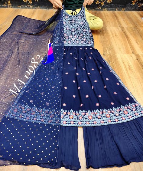 MA 0982 *Exclusive Nayra cut 3 pcs* Premium geargette nayra cut attached padded kurti detailed heavy thread and diamond work on yoke with embroidery work allover. paired with premium georgette smoke crush sharara with shifforn dupatta Attached lining and sleeves inside Size -38 40 Price 2299 Free ✈️...⁰⁰ma18 *Ready to dispatch* Nayra Cut, Kurti With Sharara, Arch Architecture, Dresses Traditional, Indian Dresses Traditional, Teenage Fashion, Embroidery Work, Teenage Fashion Outfits, Indian Dresses