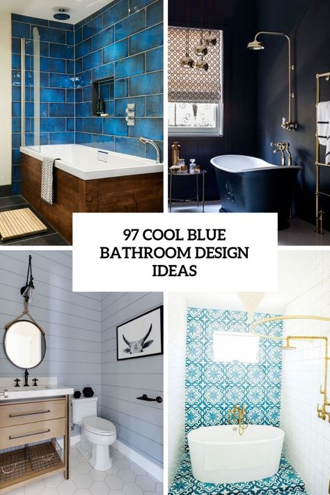 97 Cool Blue Bathroom Design Ideas Blue Tile Feature Wall Bathroom, White Tiles Blue Walls Bathroom, Blue Design Bathroom Floor Tile, Big Blue Tiles Bathroom, Blue Geometric Tiles Bathroom, Unique Bathroom Tiles, Blue Bathroom Accessories, Blue Bathrooms Designs, Light Blue Bathroom